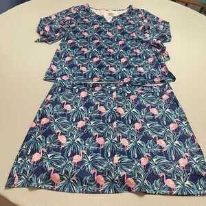 Top It Off Flamingo White Blue Floral Skort Skirt Set Size Medium Top XL Bottom